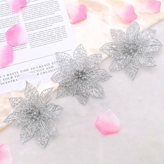 Mobutofu 10Pcs Artificial Flowers for Christmas Silver Festive Decor for Tree and Party Settings