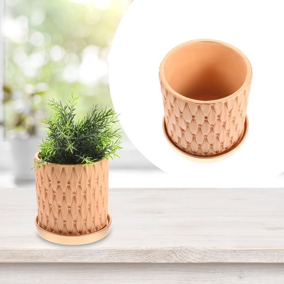 GOOHOCHY Clay Imitation Rattan Flowerpot Woven Pattern Planter 14X15CM Orange