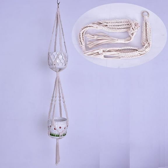 GOOHOCHY  Cotton Rope Flower Pot Hanging Basket Double Planters for Indoor Plants Beige