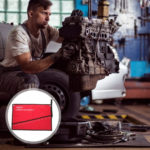 GOOHOCHY Electrician Tool Roll with 14 Slots for Wrench Storage and Organizer in Red Canvas 25 inches wide