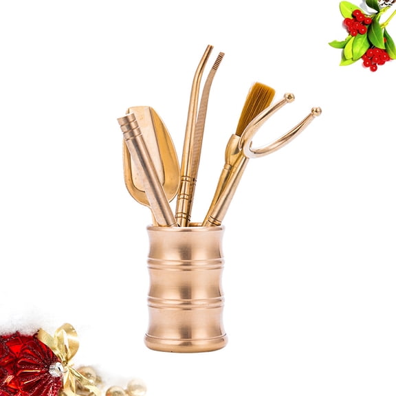 GOOHOCHY Golden Copper Cylinder Tea Tool Set for Chinese Kung Fu Tea Making 6 in 1 Kit with Bamboo Shape Design