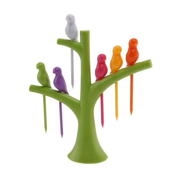 GOOHOCHY Green Plastic Fruit Fork for Outdoor Use with Tree and Bird Design 14.5 * 14cm