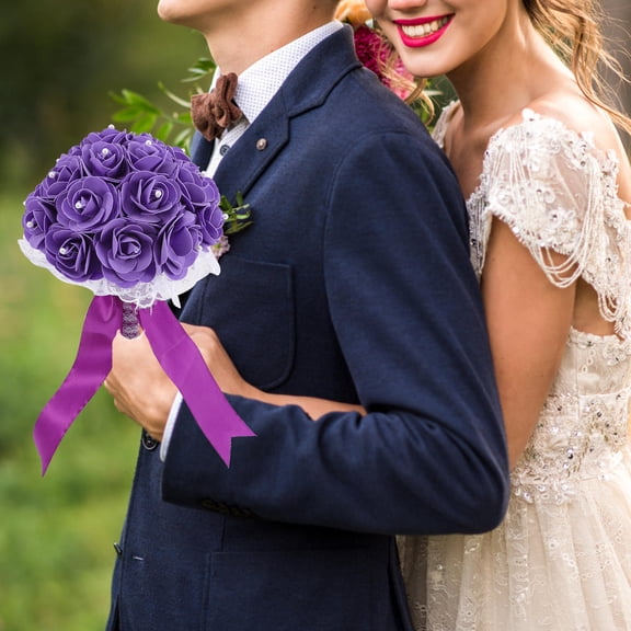 GOOHOCHY Holding Flowers Lace Wedding Decorations Roses Bouquet Bride Purple