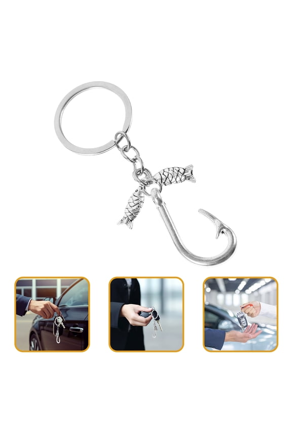Durable Fishing Hook Keychain with Small Fish Charm Alloy Pendant for Keychain and Bag Ornament