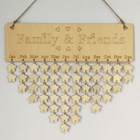 GOOHOCHY Khaki Wooden Hanging Calendar with Family & Friends Letters, Birthday Reminder, Home Decor Plaque with 50 Stars