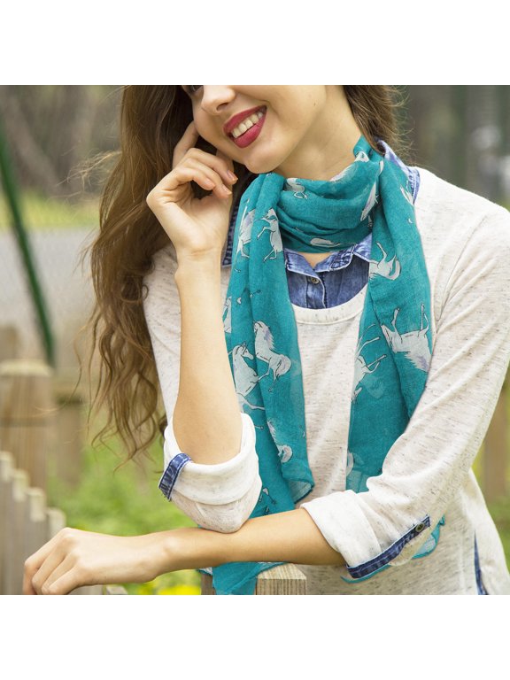 Blue Cotton Scarf Unicorn Pattern Long Lightweight Shawl Stole Wrap