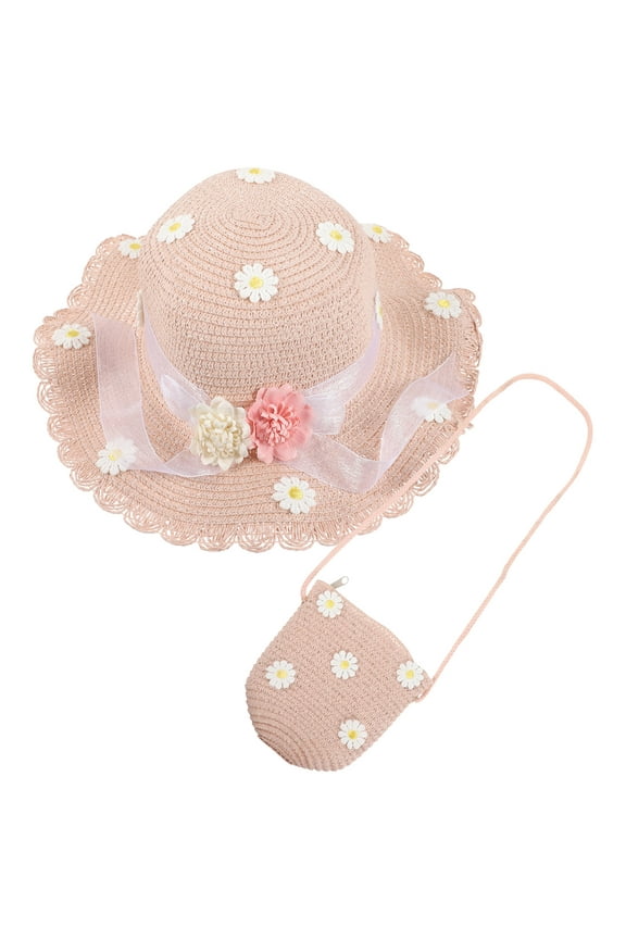 GOOHOCHY Kids Sun Hat 2Pcs Lightweight Breathable Straw Beach Hat with Daisy Pattern for Boys and Girls