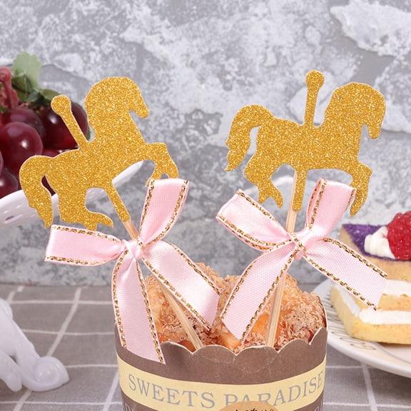 FUEENIRVA Horse Theme Party Carousel Cupcake Toppers Pink Wood 40Pcs