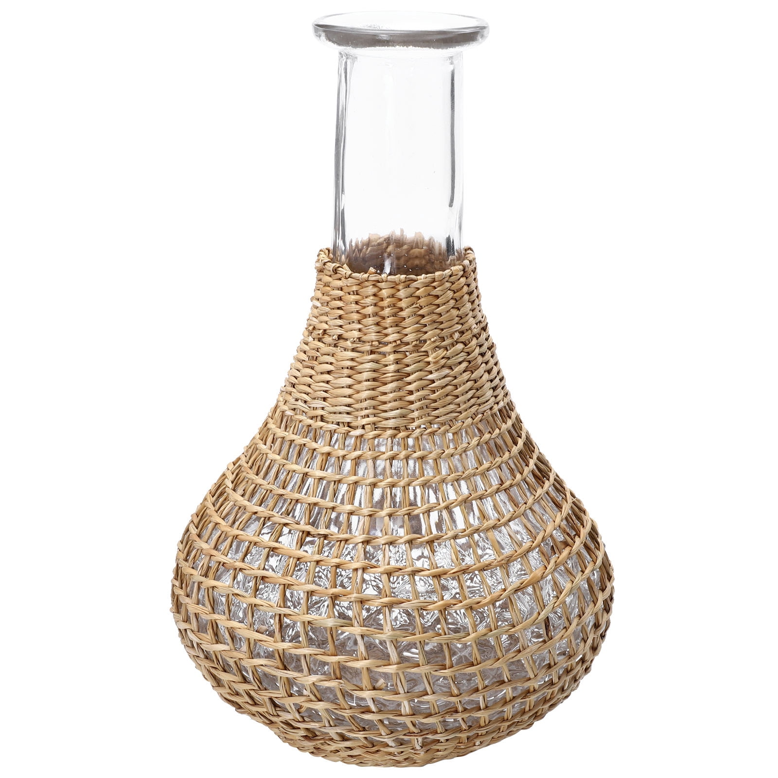 Vase En Verre Avec Motif Rotin Tressé - 17x9x9 Cm - Pour Fleurs Fraîches Ou Sèches - Décoration Maison, Centre De Table