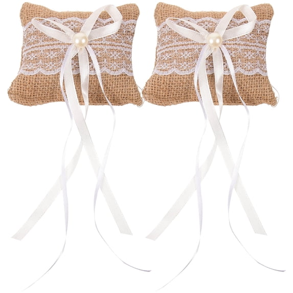 GOOHOCHY Ring Pillows for Wedding 2Pcs Khaki Lace Linen Bridal with Ring Storage