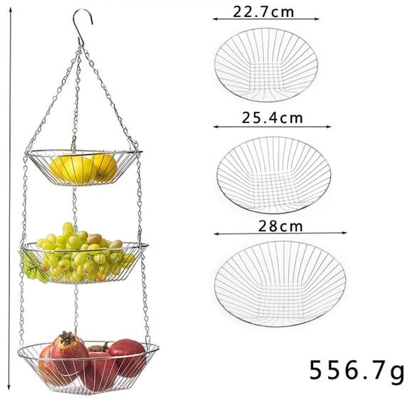 GOOHOCHY Silver Iron Foldable Vegetable Fruit Hanging Basket Drying Rack for Home Store Office 3 Layer
