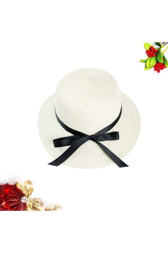 Straw Bow Sun Hat Woman Simple Durable Bowknot Sun Block Cap for Beach Travel Outdoor (White)
