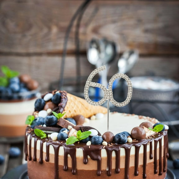 GOOHOCHY Stunning Rhinestone Cake Topper for 60th Birthday Party or Anniversary Decoration Silver Approx 12cm