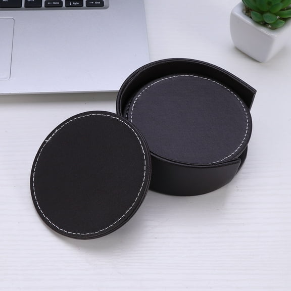 GOOHOCHY Stylish Leather Coaster Set Round Cup Mats for Placing Cups Protect Table from Spills Coffee Color 6 Piece Coaster with Base