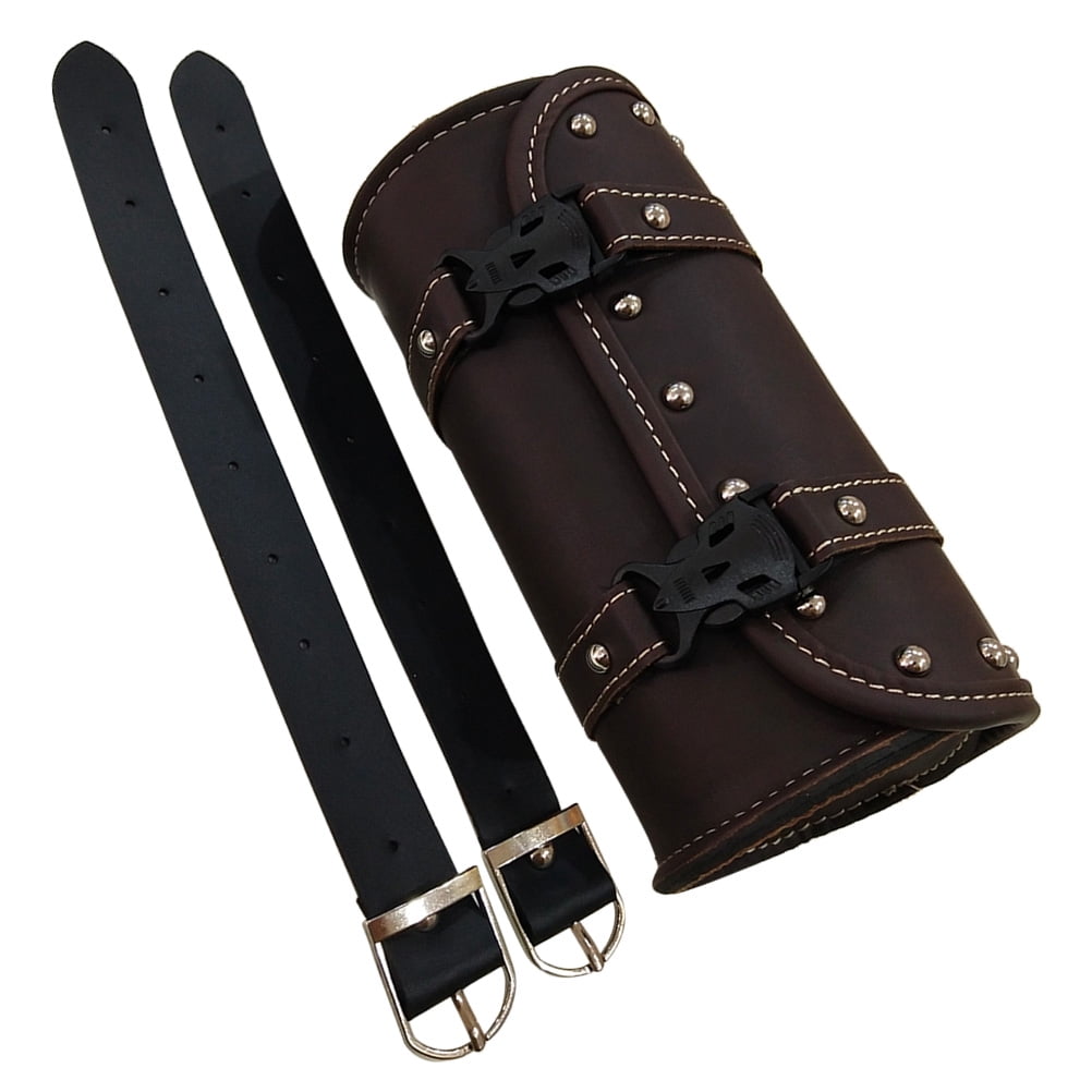 GOOHOCHY Universal Motorcycle Saddlebag PU Leather Waterproof Tool Bag Mounting Strap Round Storage Bag (Dark Brown)