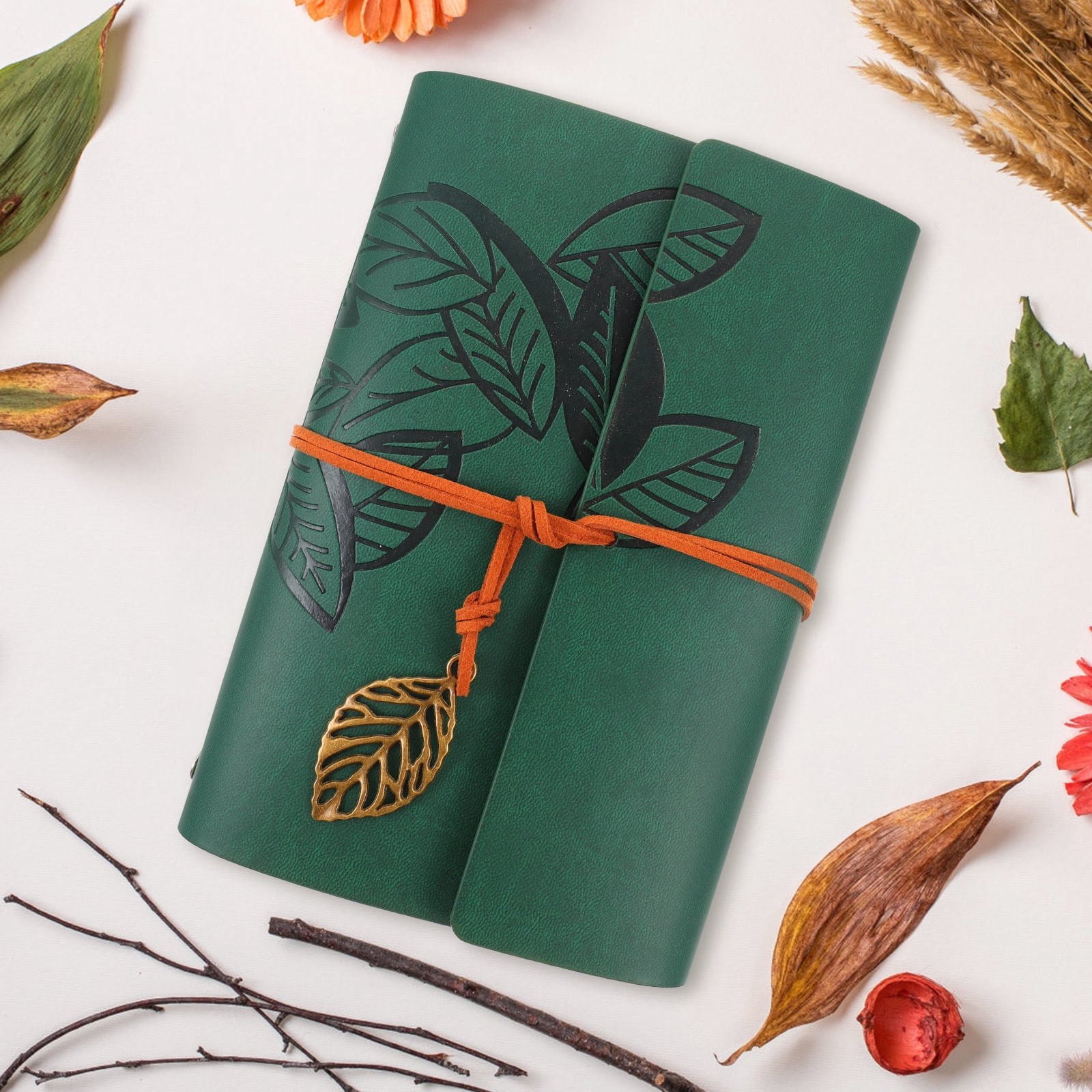 GOOHOCHY Vintage Style Leaf Leaves Pattern PU Cover Loose-leaf String Bound Blank Notebook Notepad Travel Journal Diary Jotter - Size L (Green)