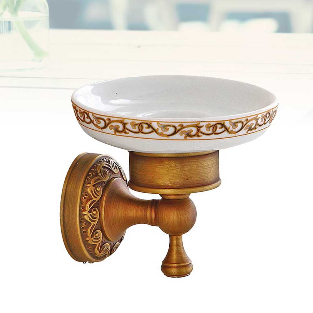 GOOHOCHY Vintage Style Solid Brass Wall Mounted Bath Shower Soap Dish Holder Soap Plate Antique Ceramics Soap Shelf Tray for Home Bathroom