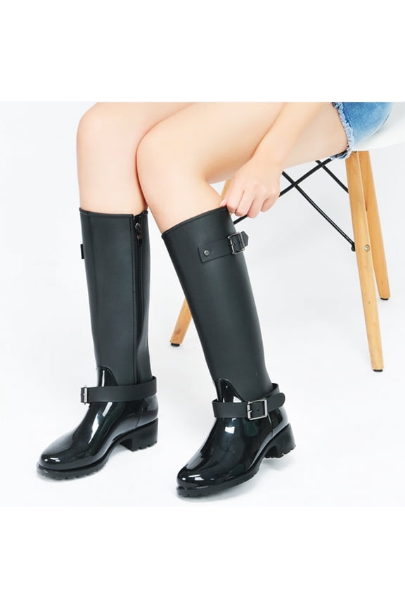 Women Adults 1 Pair Waterproof Rain Boots Black PVC EVA Plastic Medium Tube Non-skid Sole Outdoor Activities