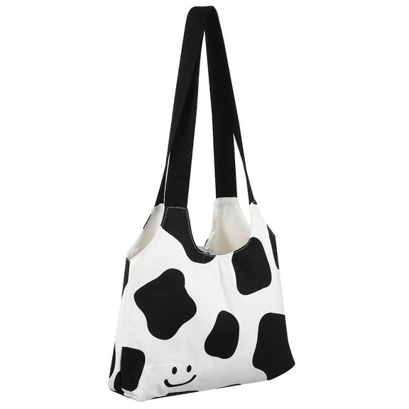 GOOHOCHY Women Canvas Bag Smile Face Cow Pattern Reusable Shoulder Bag Shopping Grocery Tote Bag for Work Beach Travel