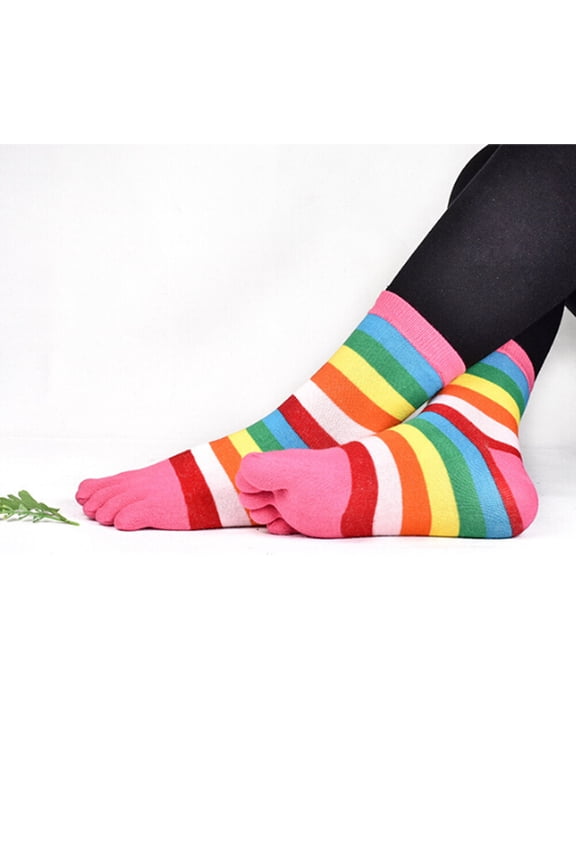 Women's Five Finger Socks Colorful Stripped Cotton 5 Toe Socks for Women (Rose Red)