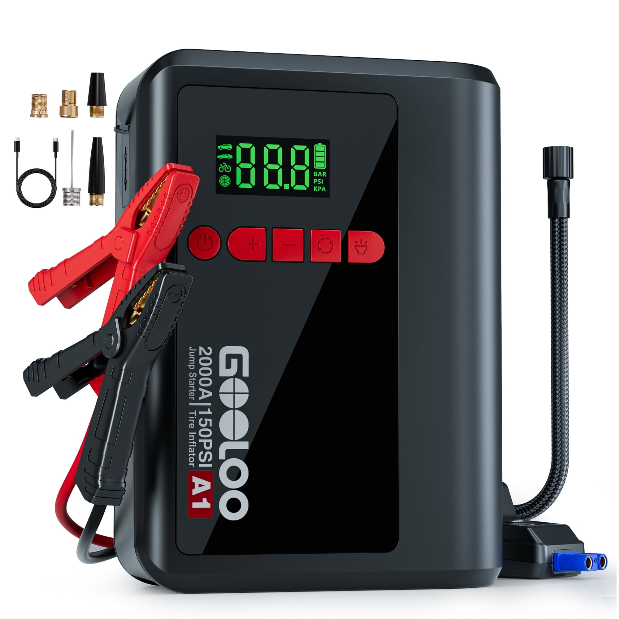 GOOLOO A1 Jump Starter with Air Compressor, 2000A Portable Car Battery Jump Box(7.0L Gas/5.5L Diesel) with 150PSI Cordless Auto-Shutoff Tire Inflator, 12V Auto Lithium Battery Booster with Air Pump
