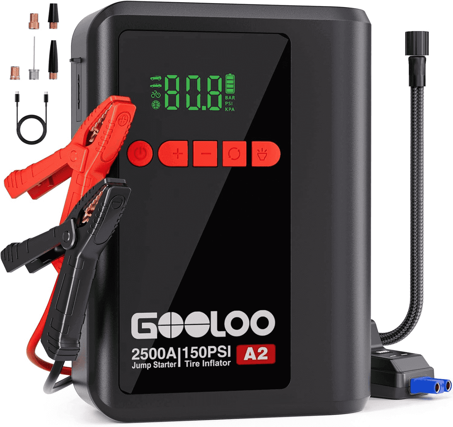 GOOLOO A2 8-in-1 Jump Starter with Air Compressor, 2500A Car Battery Booster (Up to 8L Gas/6L Diesel) 150 PSI Cordless Auto-Shutoff Tire Inflator, 12V Supersafe Lithium Jump Box with Jumper Cables