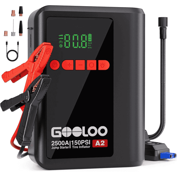 GOOLOO A2 8-in-1 Jump Starter with Air Compressor, 2500A Car Battery Booster (Up to 8L Gas/6L Diesel) 150 PSI Cordless Auto-Shutoff Tire Inflator, 12V Supersafe Lithium Jump Box with Jumper Cables