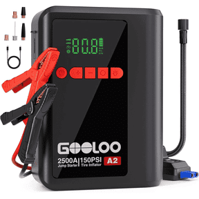 GOOLOO A2 8-in-1 Jump Starter with Air Compressor, 2500A Car Battery Booster (Up to 8L Gas/6L Diesel) 150 PSI Cordless Auto-Shutoff Tire Inflator, 12V Supersafe Lithium Jump Box with Jumper Cables