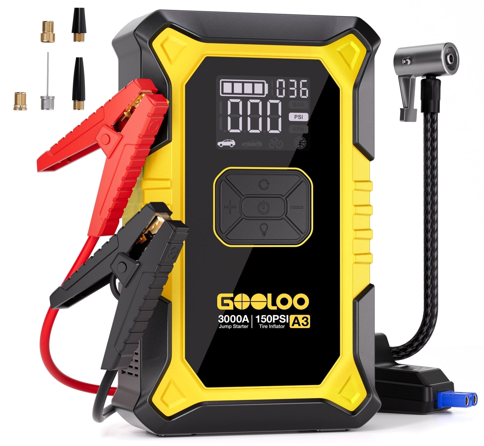 GOOLOO A3 Car Jump Starter with Air Compressor, 3000A 150PSI Portable Car Battery Jump Starter(9.0L Gas/6.5L Diesel) with Digital Tire Inflator, 12V Jump Box Car Booster with LED Light