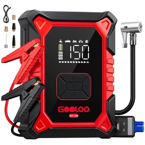 GOOLOO A3 Lite Jump Starter with Air Compressor, 2500A Peak Portable Car Battery Jump Starter for Up to 7.0L Gas & 5.5L Diesel Engines, 12V Lithium Battery Booster Pack with 150PSI Tire Inflator