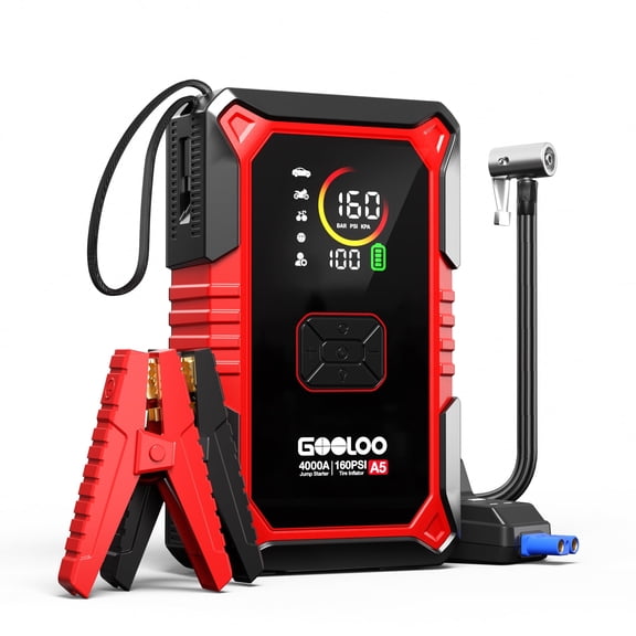 GOOLOO A5 Jump Starter with Air Compressor, 4000A Car Battery Jump Starter for All Gas & 10.0L Diesel Engines, Portable 12V Jump Box with 160 PSI Tire Inflator Auto Shut-Off and LED Emergency Light