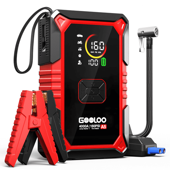 GOOLOO A5 Jump Starter with Air Compressor, 4000A Car Battery Jump Starter for All Gas & 10.0L Diesel Engines, 45W PD Fast Charging, Portable 12V Jump Box with 160 PSI Tire Inflator Auto Shut-Off
