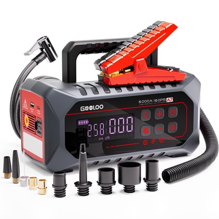 GOOLOO A7 Jump Starter with Air Compressor, 6000A 12-in-1 Jump Box for All Gas Engines & Up to 10L Diesel, 160 PSI Tire Inflator & Air Pump (Inflate/Deflate) with USB-C PD and LED Emergency Light