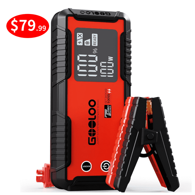 GOOLOO Car Jump Starter,3000A Peak 100W 2-Way Fast Charging Battery Jump Starter for 10.0L Gas and 8.0L Diesel,IP65 12V Jumper Box Power Bank