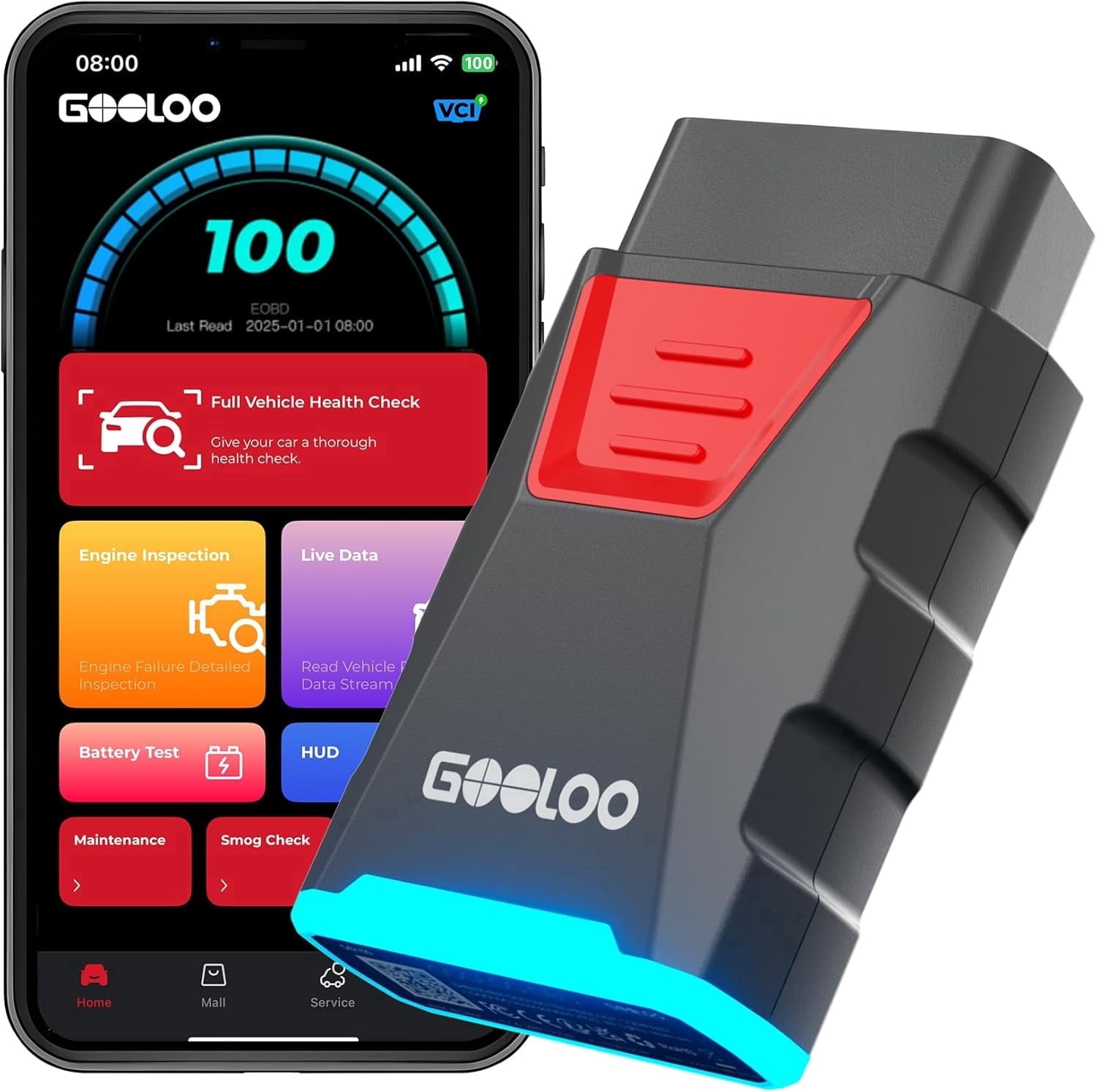 GOOLOO DS100 OBD2 Scanner Bluetooth, Full System Car Diagnostic Tool for iOS & Android, Check Engine Code Reader, 6 Maintenance Functions, Battery Test, HUD Display