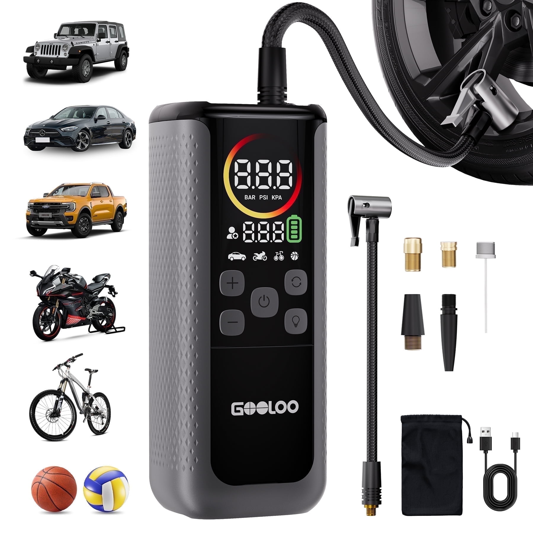 GOOLOO GT160 DUAL Tire Inflator Portable Air Compressor 10000mAh,4x Faster Dual Cylinder,160 PSI Cordless Air Pump with Dynamic Color Pressure Gauge, Tire Pump for Car Bike Motorcycle Ball