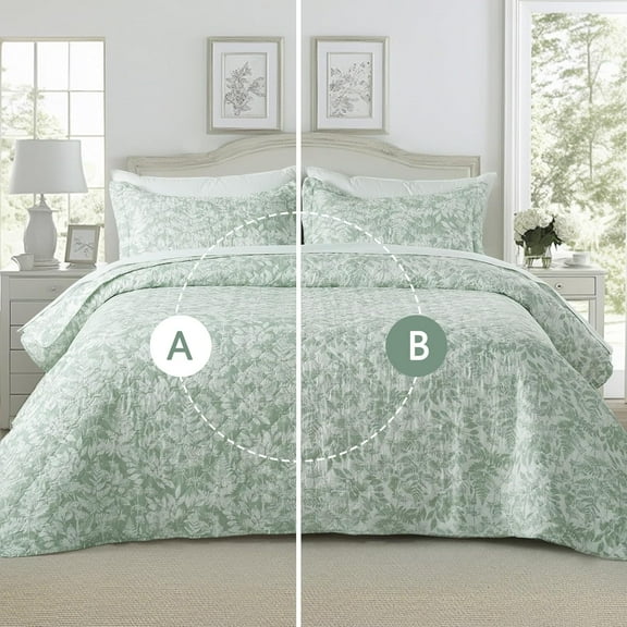 GOONE Sage Green Leaf Quilt Set Queen Size, Reversible Botanical Bedspread Quilt Bedding Set with Recycled Cotton, Lightweight Summer Bedspread, Soft Coverlet for All Season, Fade & Shrink Resistant