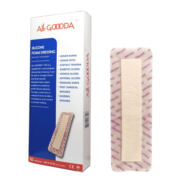ALL GOOODA Silicone Foam Dressing 4x12, Hospital Grade Wound Bandage, Extra Long Large Post Op Surgical Incision Supply , Knee Replacement, Adhesive Border Waterproof, Sacrum, Box of 10