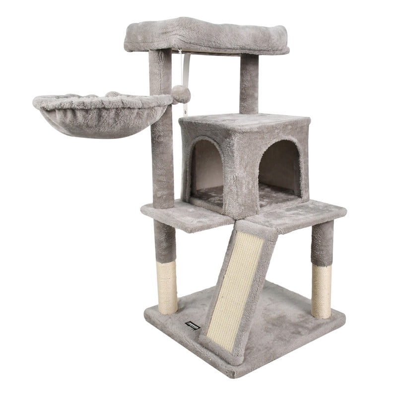 GOOPAWS 38-in Faux Fur Top Perch Cat Tree & Condo with Basket, Light Grey