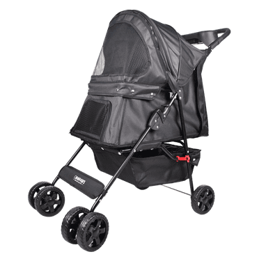 GOOPAWS 4-Wheel Promenade Pet Stroller for Dogs Cats, Safe Brake Wheels Foldable Jogging Stroller with Cup Holder, Black