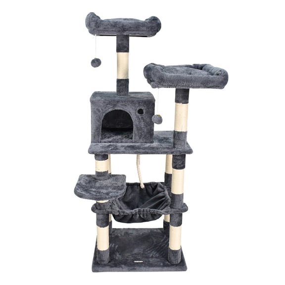 GOOPAWS Multi-Level 57-in Faux Fur Cat Tree & Condo with Hammock, Dark Grey