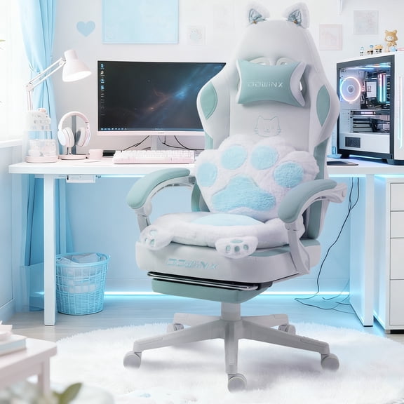 GOOSEA Cute Cat Ear Gaming Chair with Paw Print Lumbar Support and Cushion, Ergonomic Computer Desk Chair with Footrest, Reclining PC Game Chair for Girls and Women, 300lbs, Blue and White