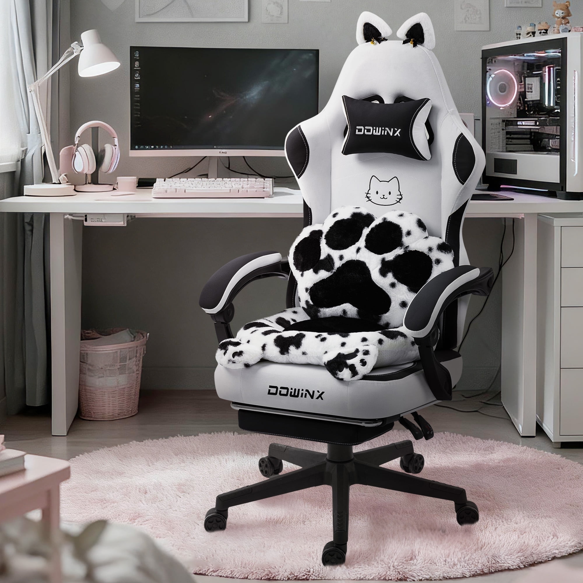 GOOSEA Cute Cat Ear Gaming Chair with Paw Print Lumbar Support and Cushion, Ergonomic Computer Desk Chair with Footrest, Reclining PC Game Chair for Girls and Women, 300lbs, Black and White