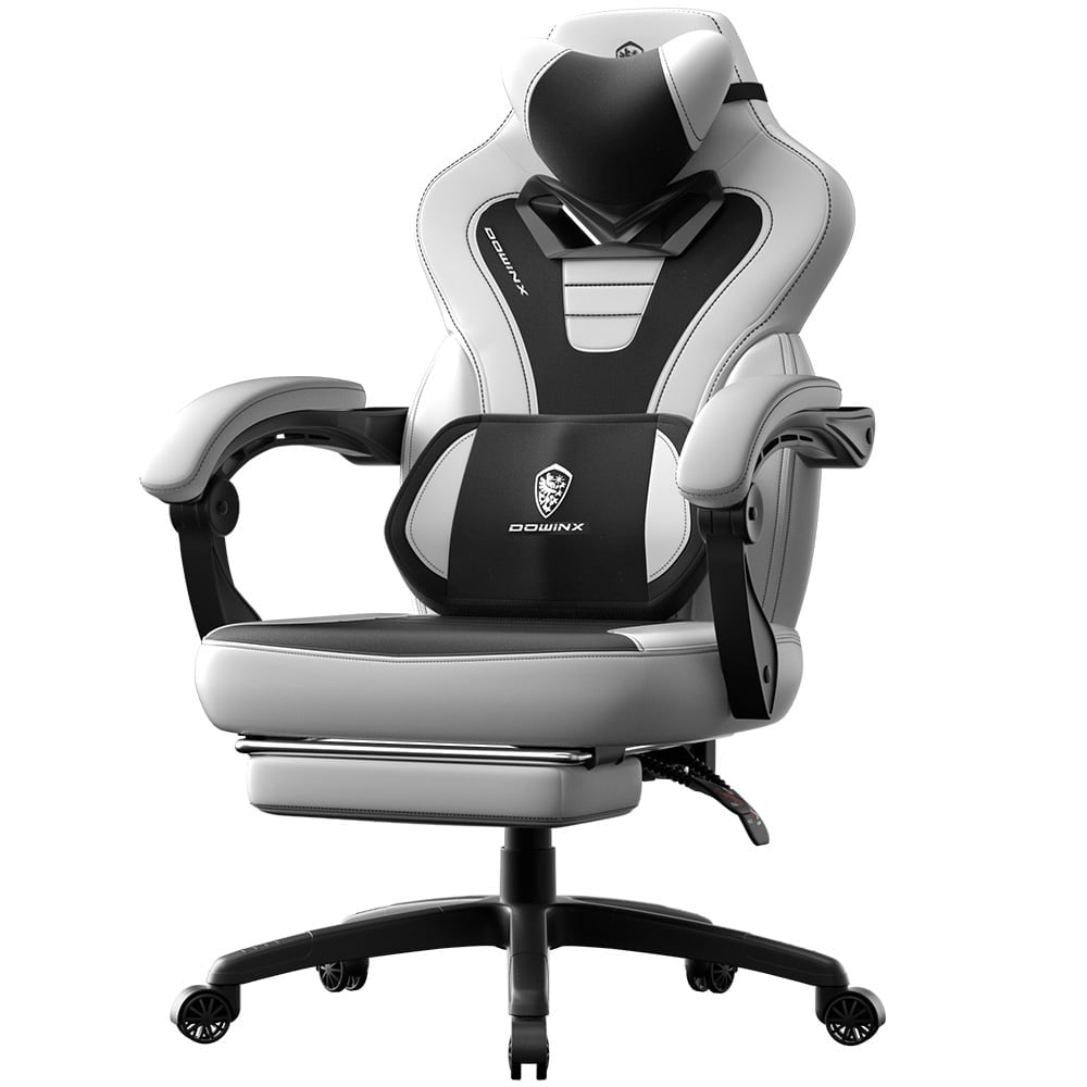 GOOSEA Gaming Chair with Footrest and Lumbar Massage, High Back Ergonomic Computer Desk Chair, Big and Tall Office Chair with Retractable Footrest, 300lbs, White