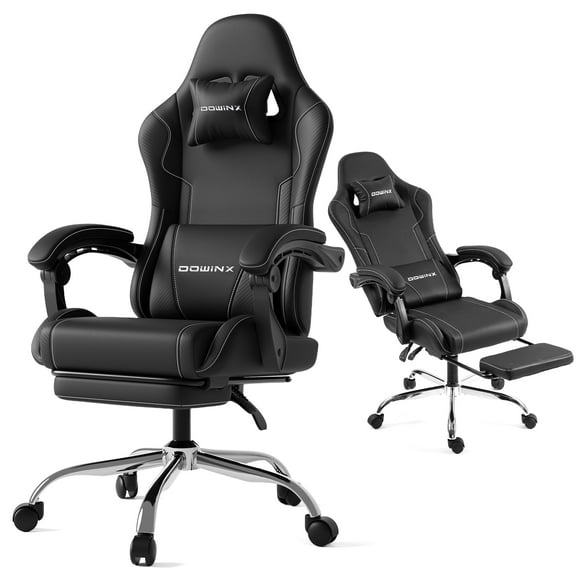 GOOSEA Leather Gaming Chair with Footrest and Massage Lumbar Support, Ergonomic Game Chair with Adjustable Height and Headrest Pillow for Office, Home and Long Sessions, 350lbs, Black