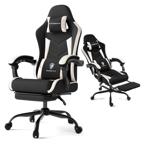 GOOSEA Leather Mesh Breathable Gaming Chair with Footrest and Massage Lumbar Support, Ergonomic Game Chair with Adjustable Height and Headrest Pillow for Office and Home, 350lbs, Black and Gold