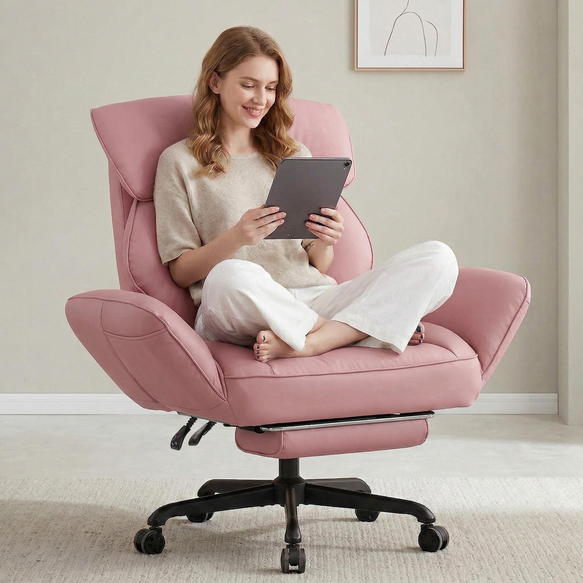 GOOSEA Office Chair with Swivel-Out Armrests, Criss Cross Chair with Pocket Spring Seat Cushion and Backrest, Executive Desk Chair with Ergonomic Headrest and Footrest, Pink
