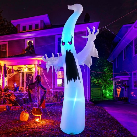 GOOSH 12 FT Height Halloween Inflatable Outdoor Colorful Dimming Ghost, Blow Up Yard Decoration Clearance with LED Lights Built-in for Holiday/Party/Yard/Garden