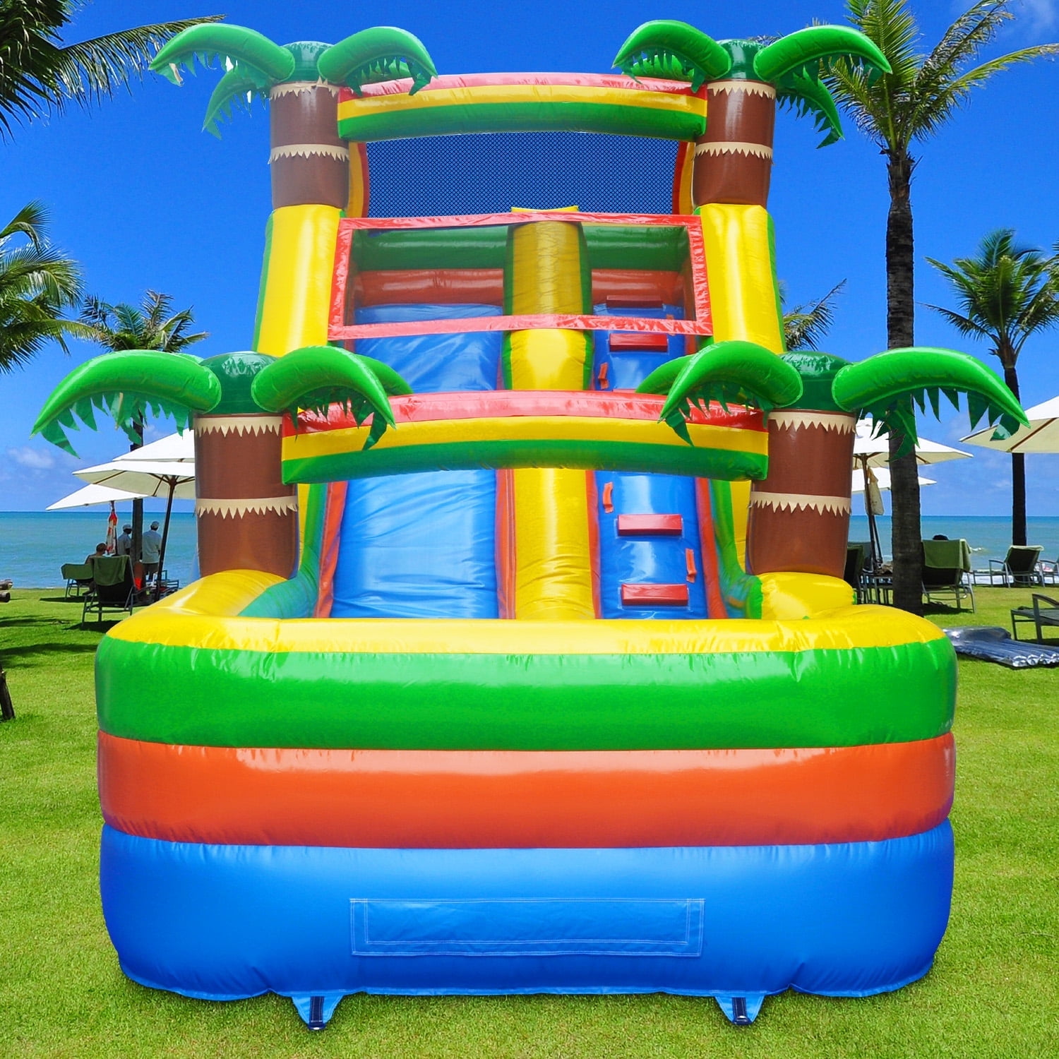 GOOSH 13' x 21' Inflatable Water Slide without Air Blower, Palm Tree Big Water Slide for Kids, Commercial Grade Water Slide for Backyard Outdoor Fun- Climbing Wall, Slides & Splash Pool