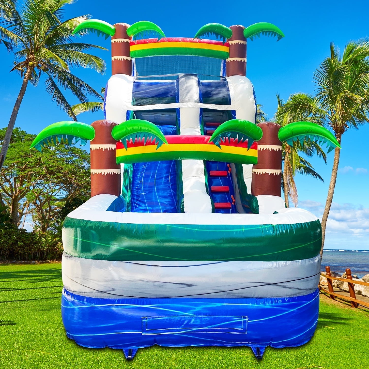 GOOSH 14' x 21' Palm Tree Inflatable Water Slide for Backyard Outdoor Fun, Blow Up Water Slide Large Water Slides, Commercial Waterslides with Splash Pool for Wet Dry Use (Blower Not Include)